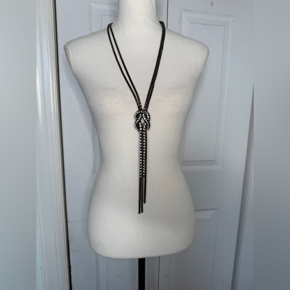 Rhinestone and Twisted Metal Longer Necklace with Knotted Diamond Center Piece P